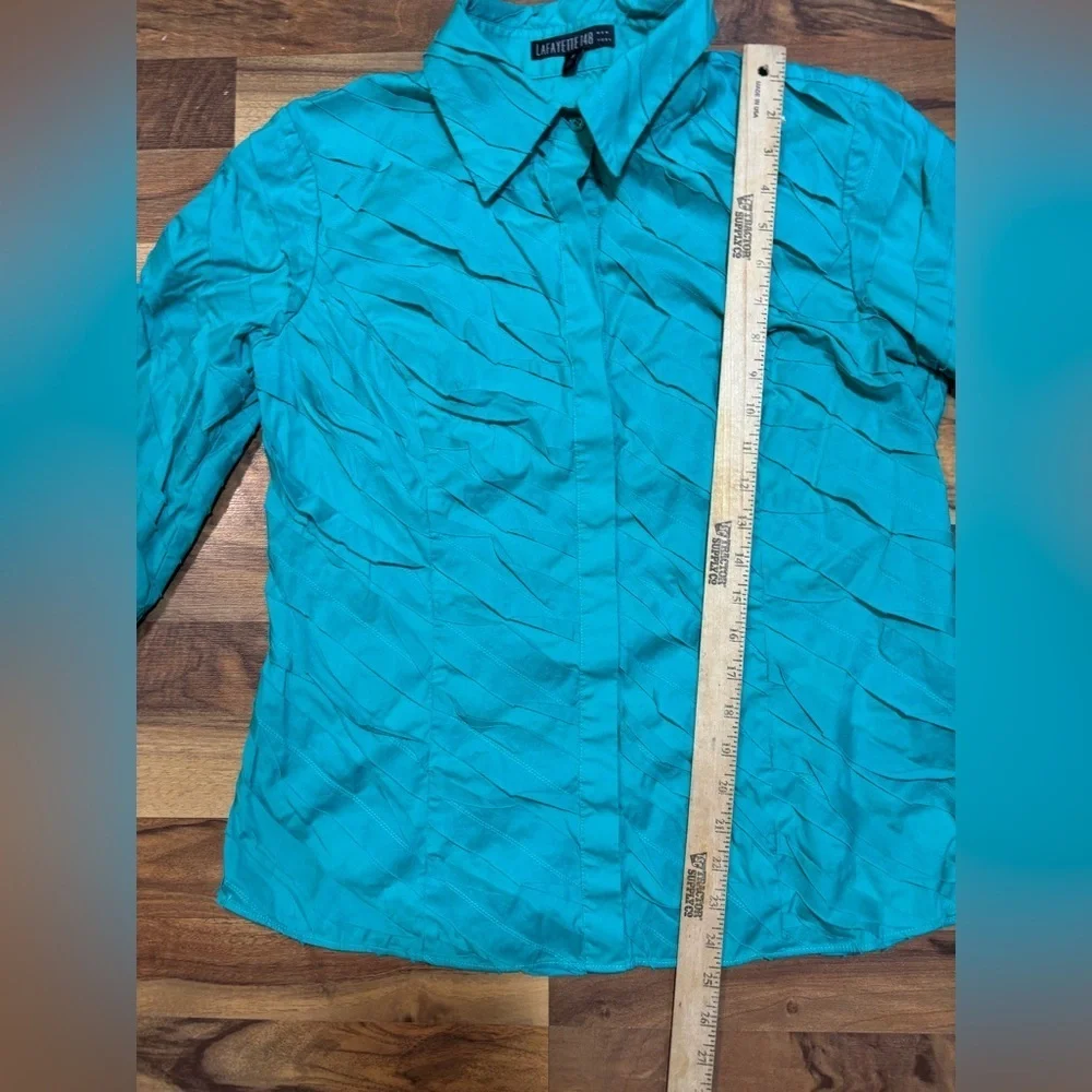 Lafayette 148 New York Teal Textured Button-Up Blouse Size 10 - Picture 4 of 8